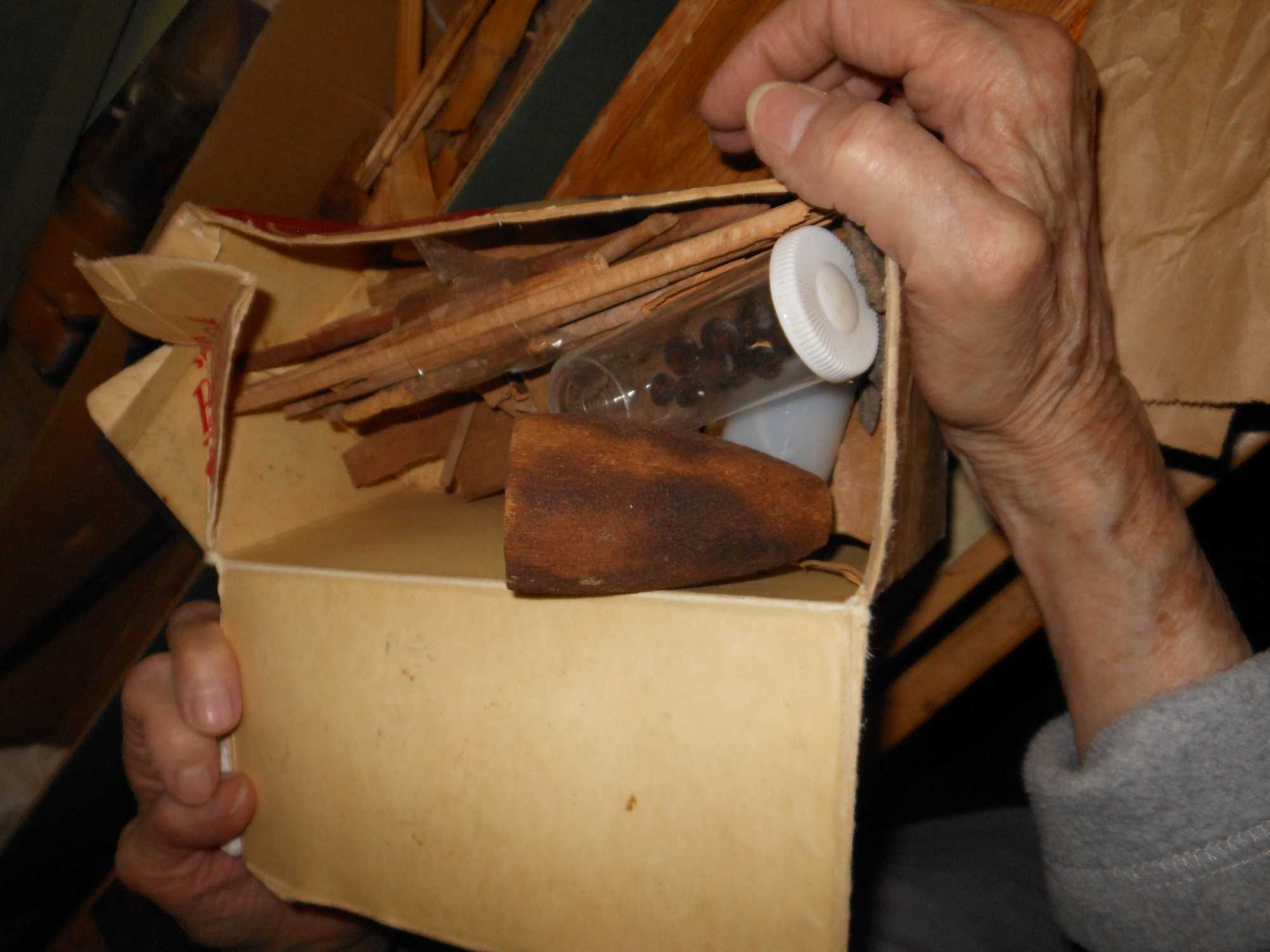 This image shows a pair of hands holding an open cardboard box so as to show its contents. The most prominent is a wooden cone object. Immediately behind that is a clear plastic vial that appears to contain dark brown seeds the size of coffee beans.