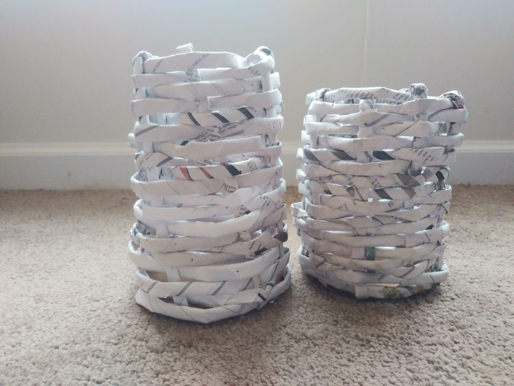 Kailey’s baskets made of newspaper.