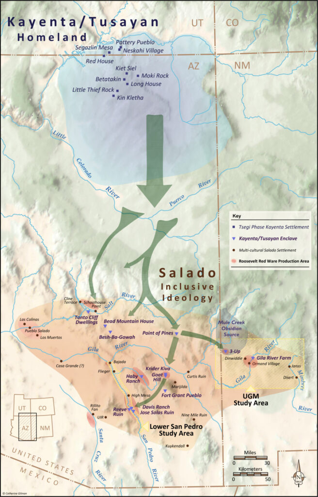 This is a map with the Four Corners region at the top right extending south to the US-Mexico border with SW New Mexico and SE Arizona. The map shows that communities from the western area of the Four Corners migrated south in the 1300s.