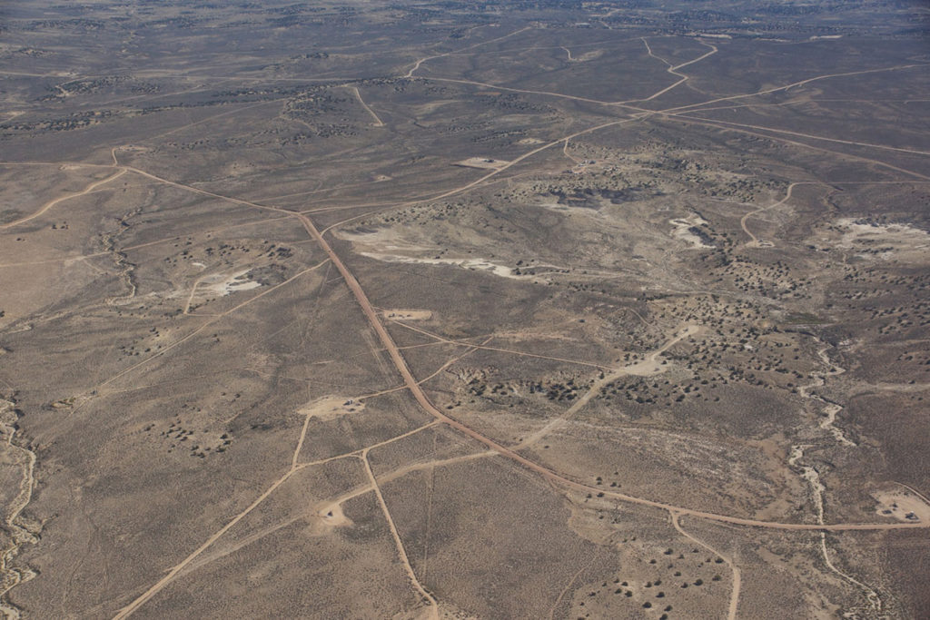 A portion of the Greater Chaco Landscape showing the impacts from well facilities and a growing network of oil-gas roads and linear pipeline scars. Click to enlarge. Image: Paul F. Reed
