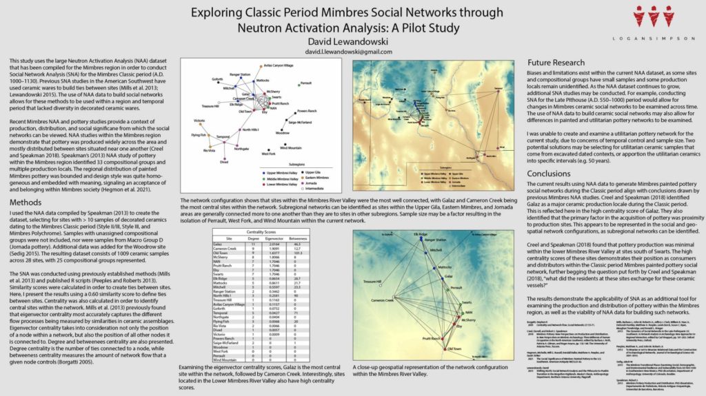 “Exploring Classical Period Mimbres Social Networks through Neutron Activation Analysis: A Pilot Study.” By David Lewandowski. Download the PDF <a href="https://www.archaeologysouthwest.org/wp-content/uploads/Lewandowski_SAA_2021_poster.pdf">here.</a>