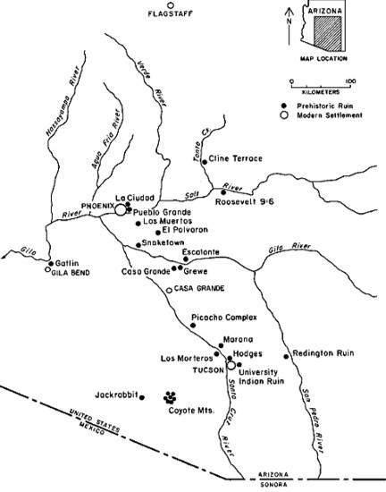 Map of the Hohokam Region (Bayman 2001: Fig. 1). The region’s geographic boundaries stretched roughly from Phoenix in the north, Tonto and Safford basins in the east, the international border to the south, and Gila Bend to the west. (Please note that “prehistoric ruin” is outdated terminology. Today, we would say ancient site, archaeological site, ancestral place, or other terms that reflect the importance and continuance of such places for Indigenous descendants.)