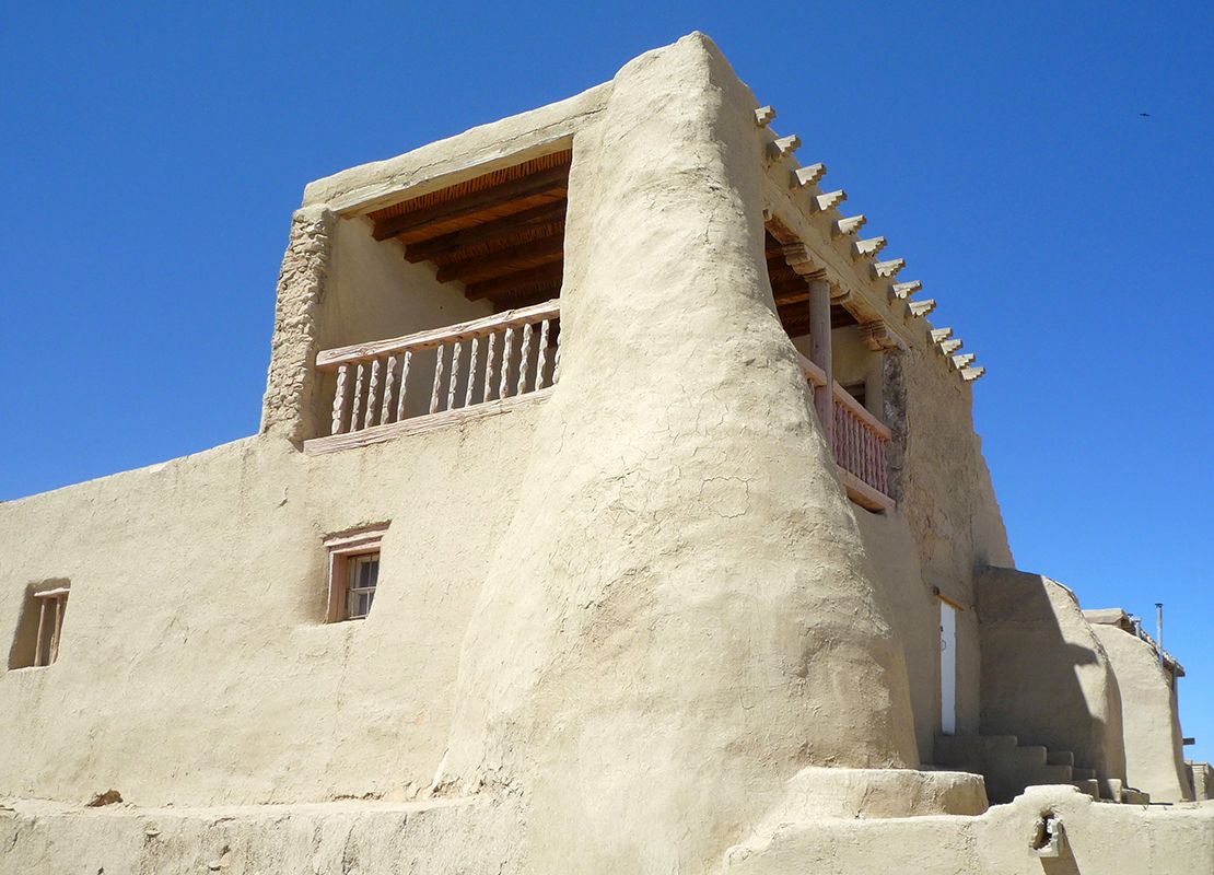 Closer view of the exterior of the church at Acoma Pueblo. Image: Steven Zucker via flickr