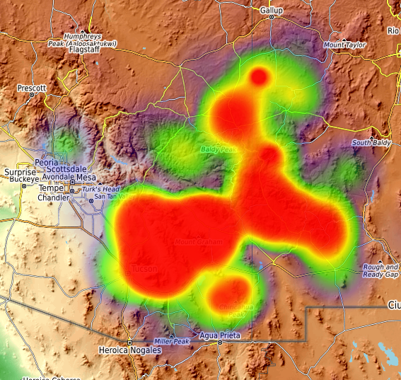 Heat map showing distribution of archaeological obsidian from the Mule Creek source. CyberSW allows you to set parameters that generate downloadable displays and figures.