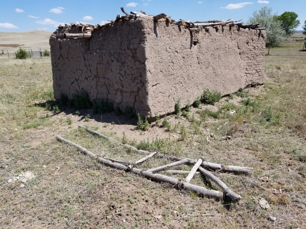 The structure that Allen and the 2014–2015 field school students built in Mule Creek is slowly eroding. The walls are mostly in good shape, but they are being undercut at the base.