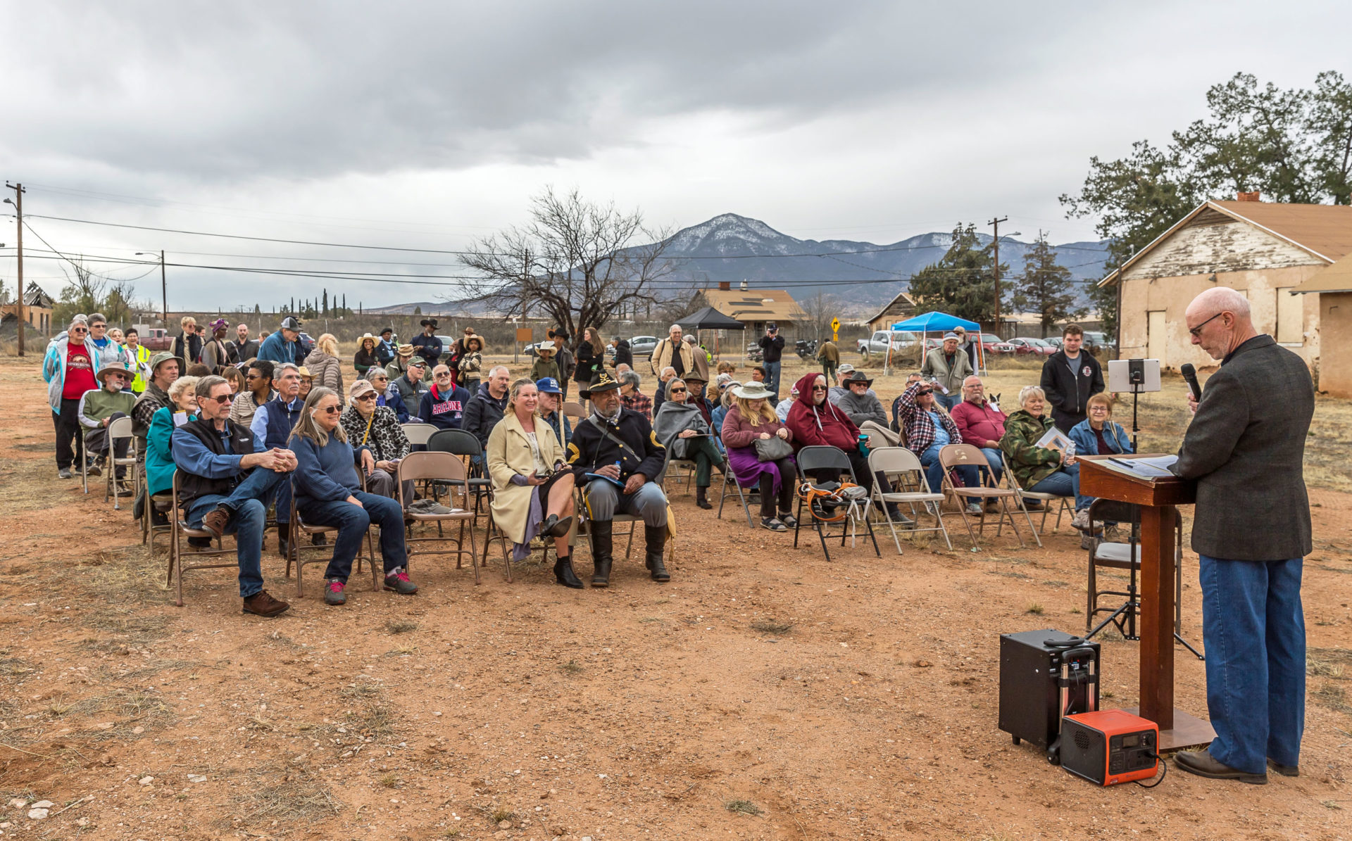 Brooks Jeffery, Naco Heritage Alliance, welcomes visitors to the Camp Naco Open House celebrating Black History Month and major grant funding that will restore adobe buildings and ensure the future of Camp Naco. Image: Stephen Pauken, Bisbee City Manager