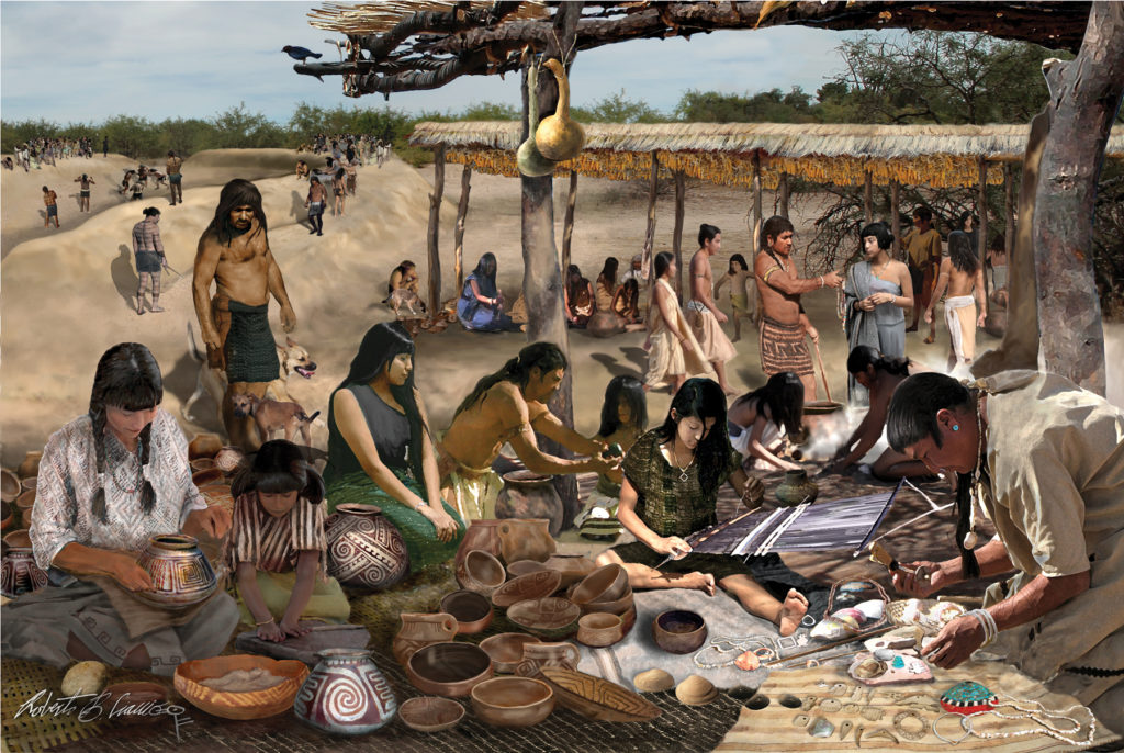 A marketplace in the Hohokam Ballcourt World. In this visualization, people from different communities and traditions are coming together to visit and exchange foods and commodities in the form of raw materials and finished goods. Visualization: Robert B. Ciaccio.