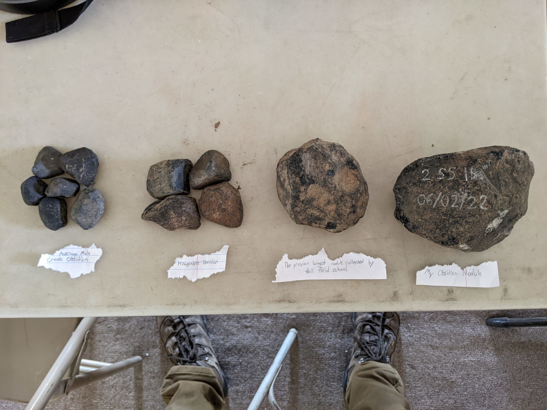 From left to right: The average Mule Creek obsidian nodule; nodules that are large enough to be knapped; the previous largest obsidian nodule collected at this field school; and my obsidian nodule.