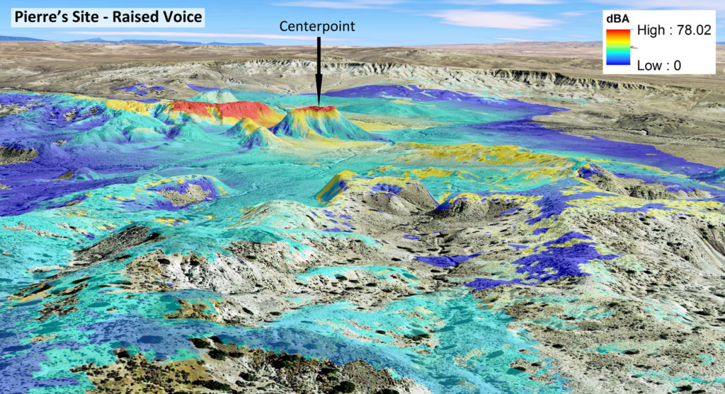 Audibility model for a raised voice across the landscape. Elevation is exaggerated by a factor of two in this view to the southwest. Graphic: Catherine Gilman, based on orthoimagery by Google Earth