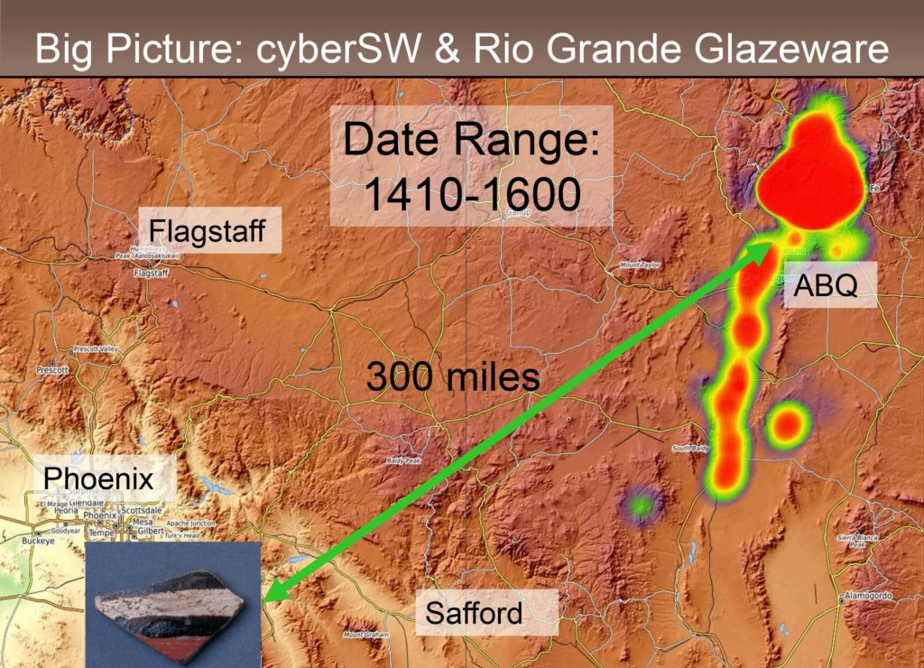 Using cyberSW, you can create and download visualizations for use in presentations and publications. This PowerPoint slide from a recent presentation by Bill Doelle shows that a Rio Grande Glaze Ware sherd found in the northern San Pedro Valley ended up a long way from home.