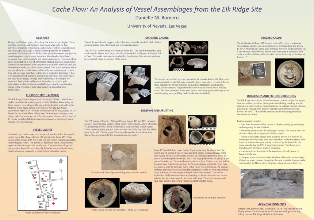 “Cache Flow: An Analysis of Vessel Assemblages from the Elk Ridge Site.” By Danielle M. Romero. Download the PDF <a href="https://www.archaeologysouthwest.org/wp-content/uploads/Romero-SAA-2019.pdf">here.</a>