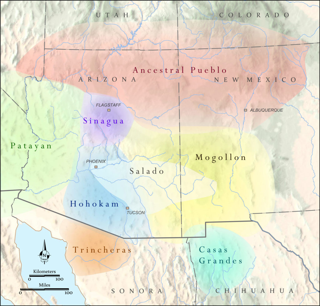 The Gila River flows through three archaeologically defined culture areas: Mogollon (including Mimbres), Hohokam, and Patayan. Map: Catherine Gilman.