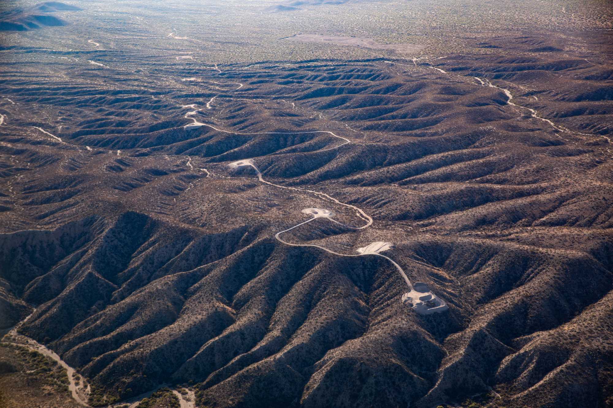 Aerial picture of new access roads and tower pad sites west of the San Pedro River, near Redrock Canyon on November 13, 2023. Image: Archaeology Southwest with the support of a volunteer pilot and Lighthawk, a non-profit organization
