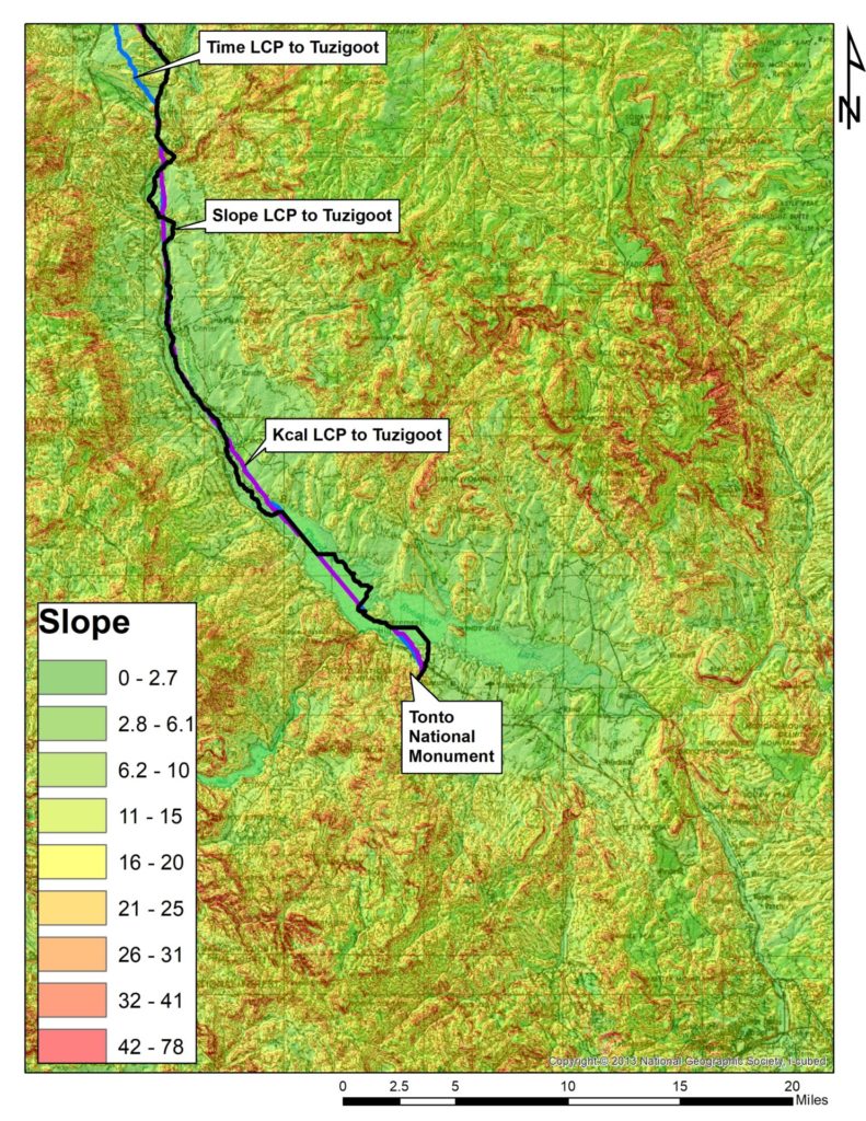 Map showing least cost paths from Tonto National Monument to Tuzigoot based on slope (black line), kilocalorie expenditure (purple line), and time (blue line). Map: Chris Caseldine