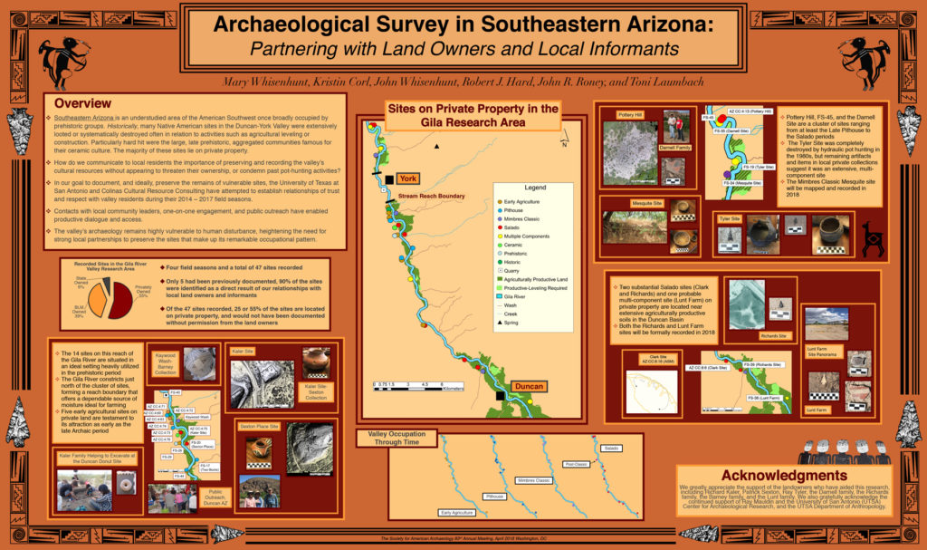 “Archaeological survey in Southeastern Arizona: Partnering with Land Owners and Local Informants.” By Mary Whisenhunt, Kristin Corl, John Whisenhunt, Robert J. Hard, John R. Roney, and Toni Laumbach. <a href="https://www.archaeologysouthwest.org/pdf/Whisenhunt-SAA-2018.pdf">Download the pdf here.</a>