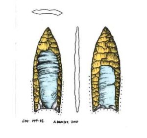 In this illustration of a Folsom point found near the Barger Gulch site, you can see that the first flute is a bit bigger than the second one, but also that some margin retouch occurred on the first face. This mostly obliterated the earlier, bigger pressure flakes. There was not much retouch on the second face. The dots indicate where the toolmaker ground the edges (see step 7 below).
