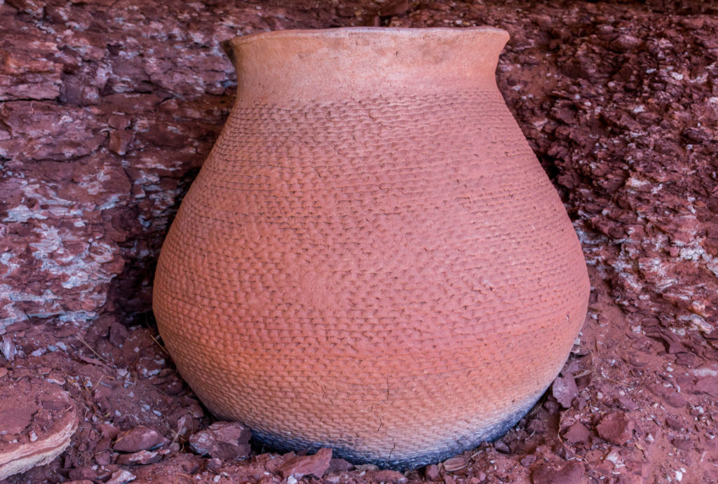 Mesa Verde Corrugated ceramic cooking vessel in the Bears Ears region. It was created during the Pueblo III period (~ A.D. 1150 – 1300) Image © Jonathan Bailey