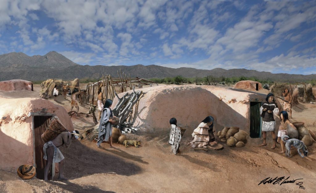 La vie au village de Honey Bee vers 1000 de notre ère. Cette communauté Hohokam prospérait dans le nord-ouest du bassin de Tucson. Notez l'architecture des pithouses et les poteries décorées et non décorées. Visualisation : Robert B. Ciaccio