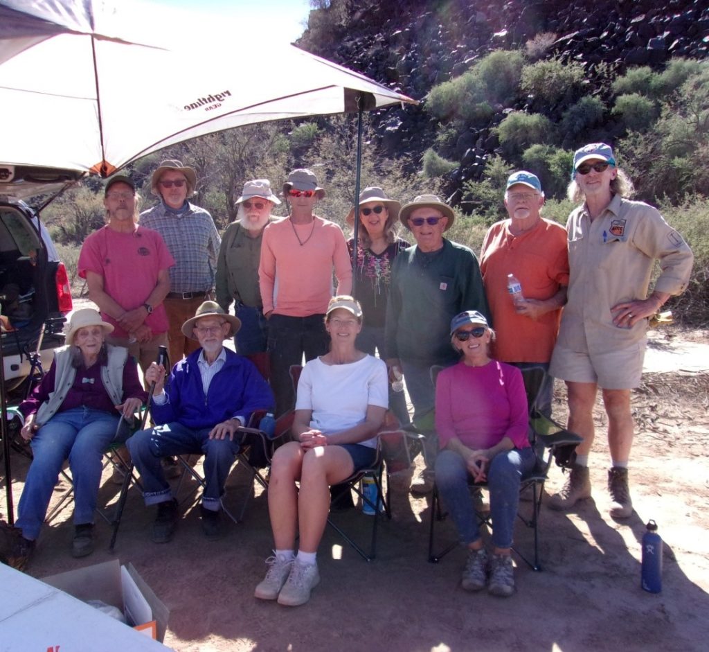 The Landscape Site Preservation Program extends its heartfelt thanks to the Dream Team that participated in the Gillespie Narrows Day of Service. From left to right, seated: Jean Smith, Eldon Smith, Kim Gilles (AZ Site Steward), Mary Graham; from left to right, standing: Bruce Hilpert (AZ Site Steward), Newt Ashby (AZ Site Steward), Doug Newton (AZ Site Steward), Bill Graham, Marie Nibel, Roy Fazzi (AZ Site Steward), Beach Pitzer (AZ Site Steward), John Welch. Not pictured: Eric Wilson, Jaye Smith. Image: Jaye Smith
