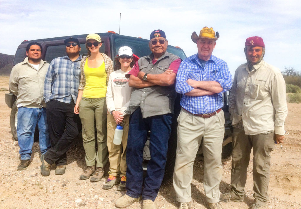 LGREAP crew and volunteers received a special visit from Harry Winters and Piipaash elder Carl Sundust last April. From left to right: Charles Arrow, Skylar Begay, Nathalie Brusgaard, Sue Clark, Carl Sundust, Harry Winters, Aaron Wright. Image: Fran Mauiri