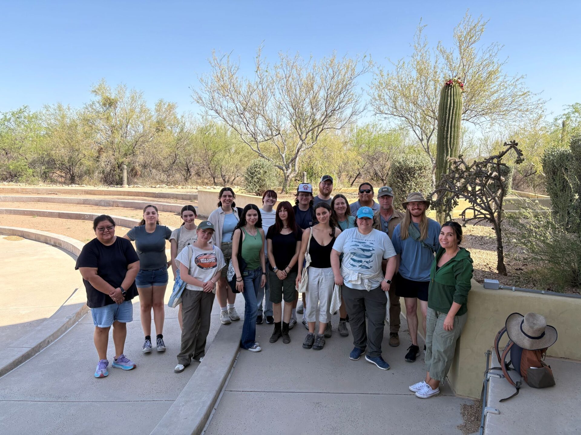 Our 2025 Preservation Archaeology Field School students and staff at the Himdag Ki: Tohono O’odham Cultural Center in southern Arizona: Sonya, Jayden, Sydney, Hope, Alexis, Jacoby, Charles, Skylar, Allen, Noah, Rayleen, Aurelia, Quetzalli, Emily, Carmen, Karen, and Rebecca.