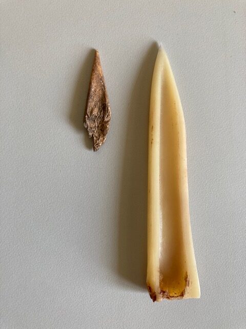 Image shows an excavated bone awl tip and an awl made by the post author. This is a view of the other side of both.