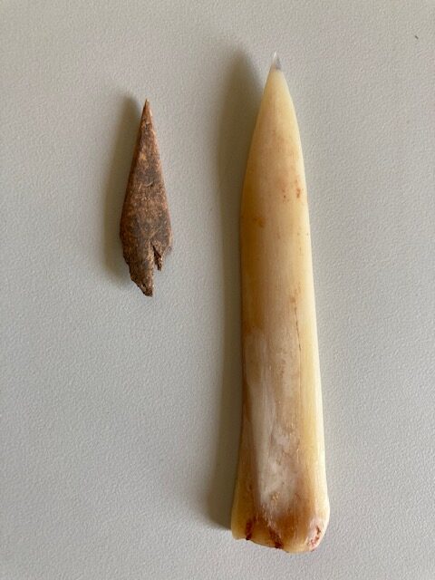 Image shows an excavated bone awl tip and a bone awl made by the post author.