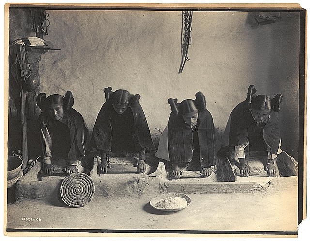 Ethnographic example of grinding. Photograph by Edward S. Curtis, ca. 1906