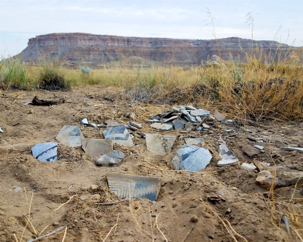 White ware pottery sherds dating to the late AD 800s and 900s within the Padilla Well community, with West Mesa in the background. Image: Kellam Throgmorton