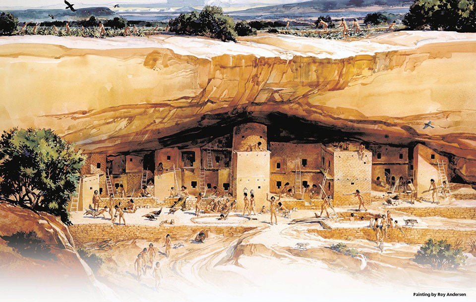 Illustrated scene of Spruce Tree House about AD 1250 by Roy Andersen, courtesy of the National Park Service