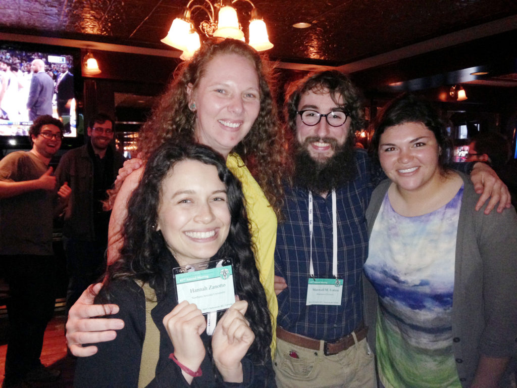 Field school staff and student alumni catching up: Connor Awayda and Evan Giomi (2016, background), and Hannah Zanotto, Leslie Aragon, Max Forton, and Selena Soto (2014).