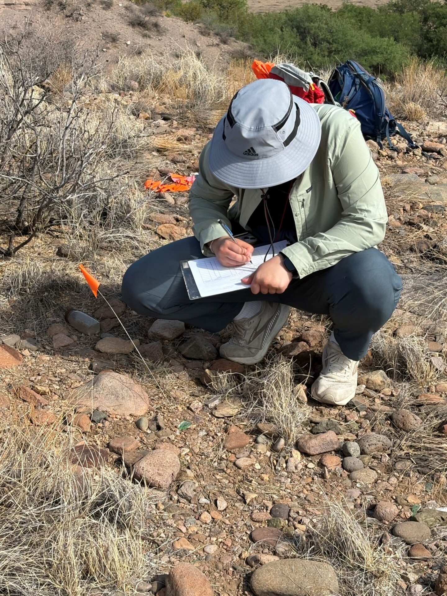 Hope records a shard of glass at a historic artifact scatter on survey near Lordsburg.